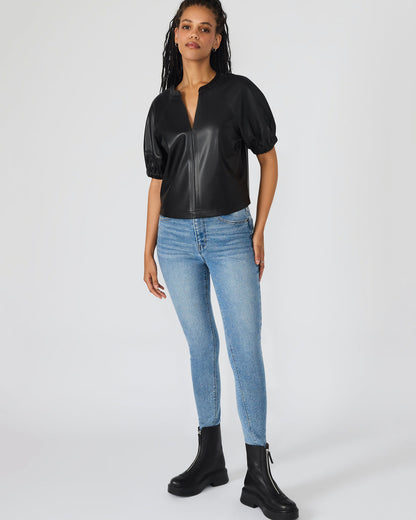 ROXANNE Black Short-Sleeved Faux Leather Puff Sleeve Women's Top Steve Madden BLACK