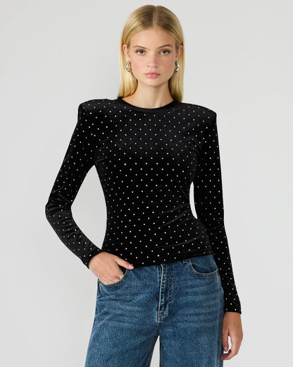 MADILYN Black Studded Velvet Long-Sleeved Rhinestone Embellished Women's Top Steve Madden BLACK