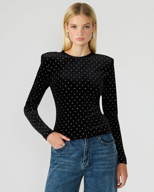 MADILYN Black Studded Velvet Long-Sleeved Rhinestone Embellished Women's Top Steve Madden BLACK