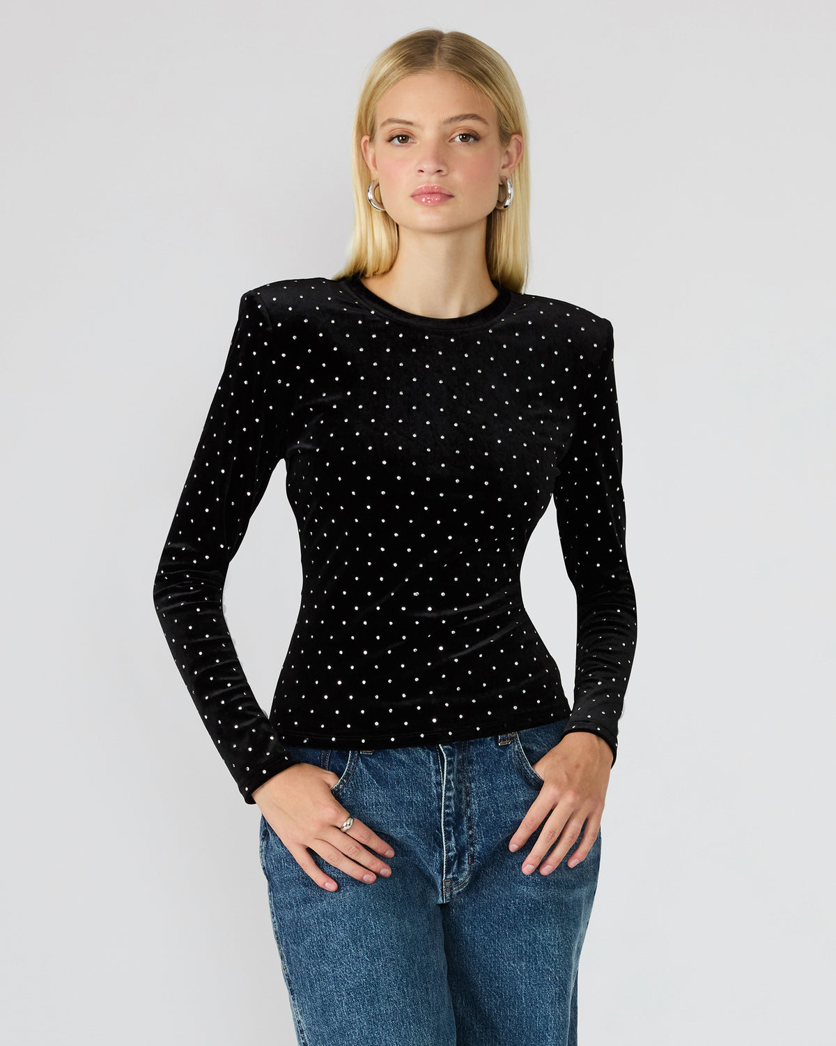 MADILYN Black Studded Velvet Long-Sleeved Rhinestone Embellished Women's Top Steve Madden BLACK