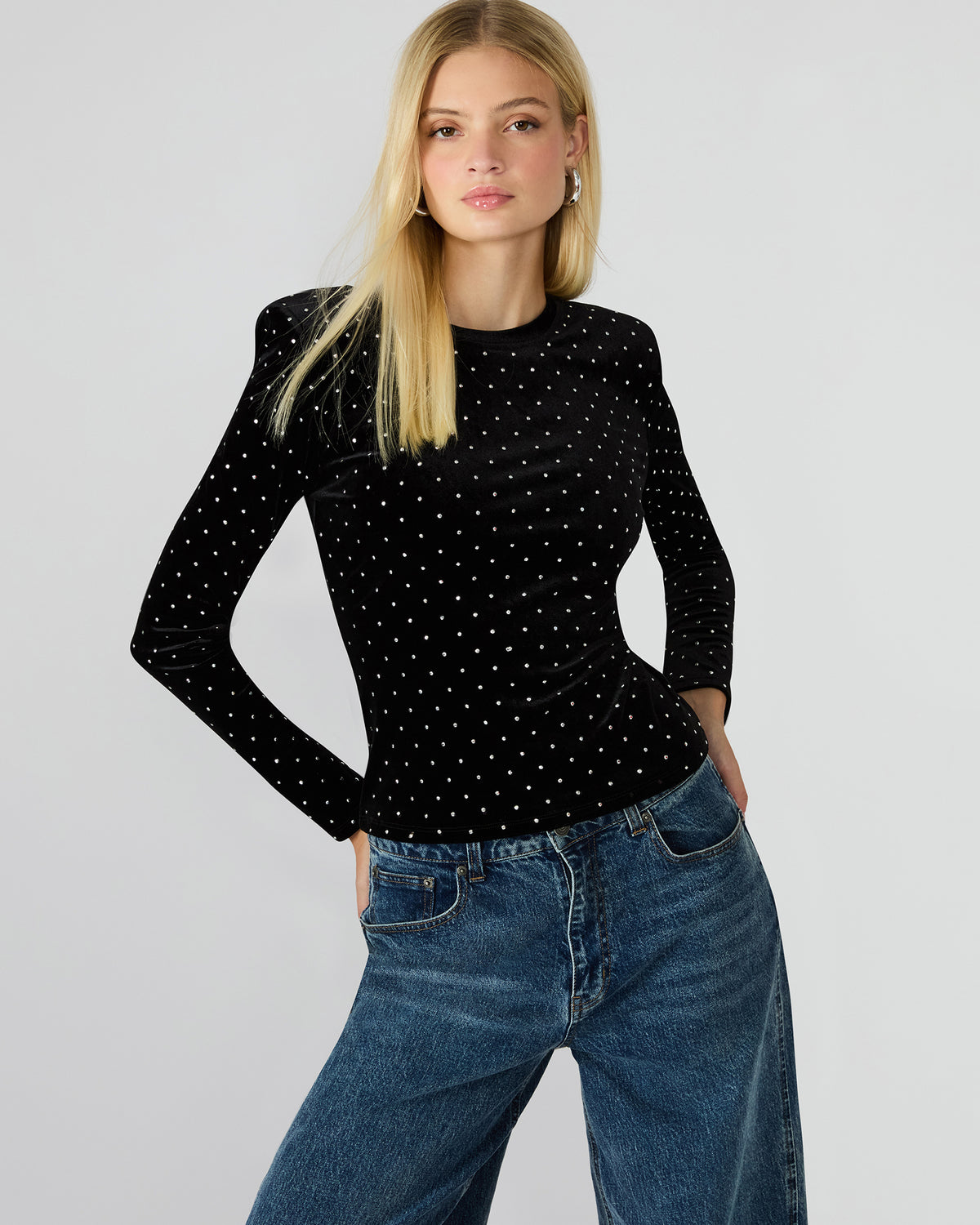 MADILYN Black Studded Velvet Long-Sleeved Rhinestone Embellished Women's Top Steve Madden BLACK
