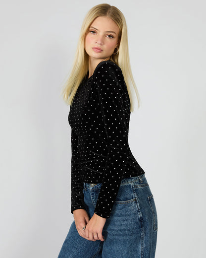 MADILYN Black Studded Velvet Long-Sleeved Rhinestone Embellished Women's Top Steve Madden BLACK