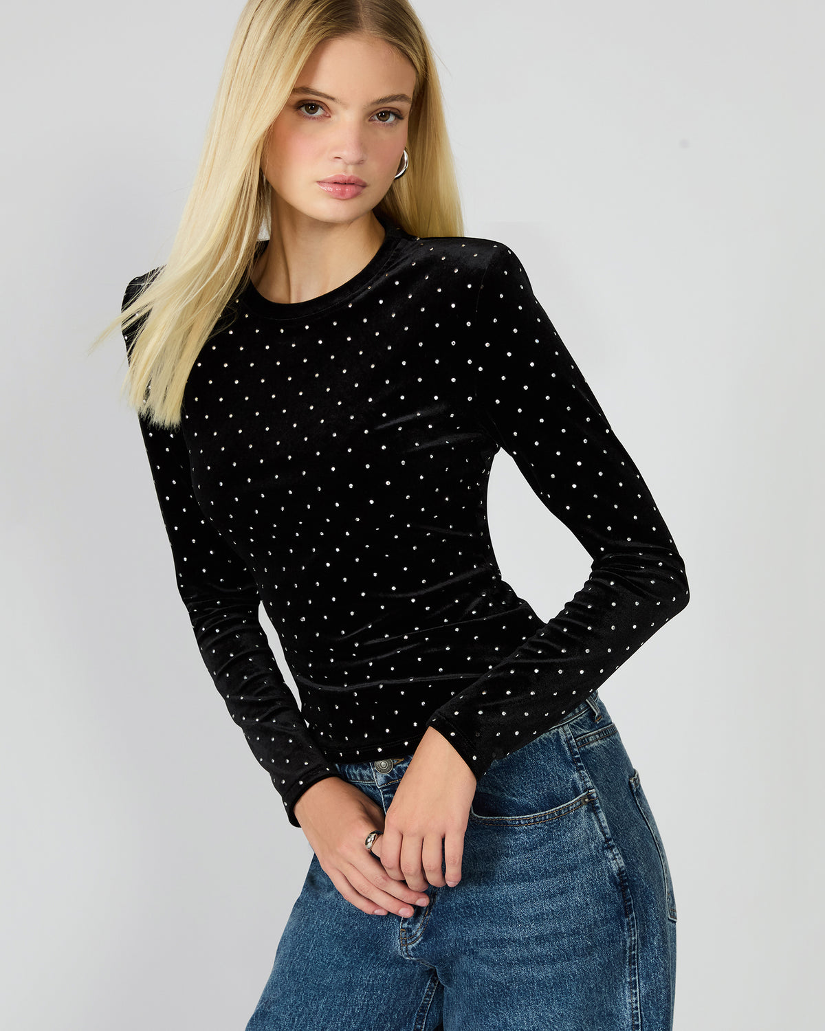 MADILYN Black Studded Velvet Long-Sleeved Rhinestone Embellished Women's Top Steve Madden BLACK