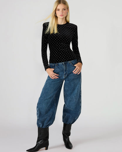 MADILYN Black Studded Velvet Long-Sleeved Rhinestone Embellished Women's Top Steve Madden BLACK