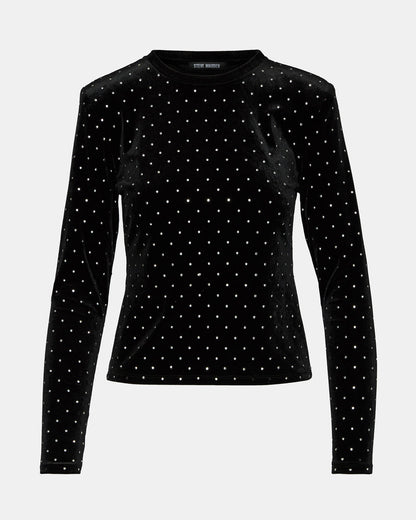 MADILYN Black Studded Velvet Long-Sleeved Rhinestone Embellished Women's Top Steve Madden BLACK