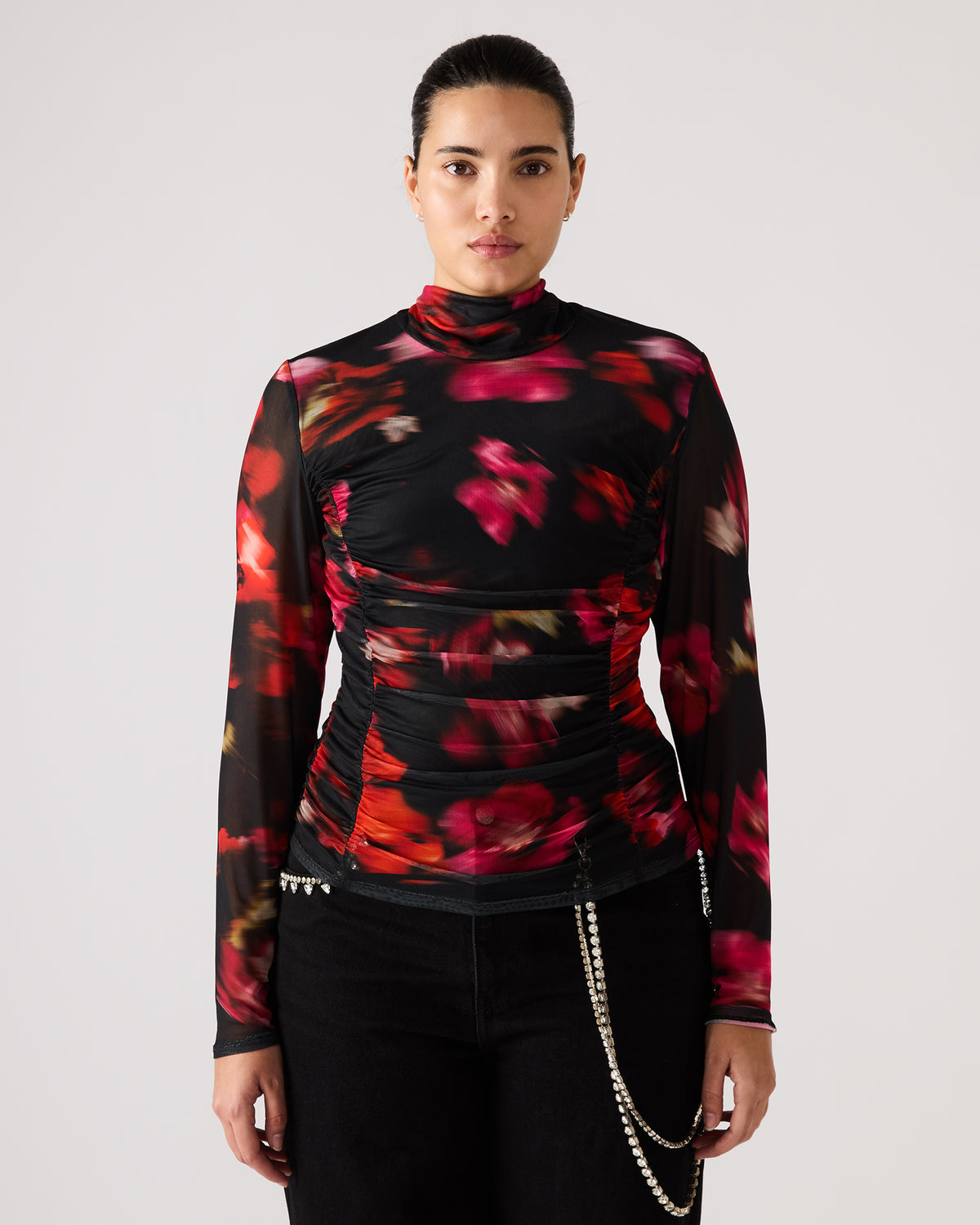 TAYLORE Blurry Floral Long-Sleeved Sheer Mesh Fabric Women's Top Steve Madden BLURRY FLORAL