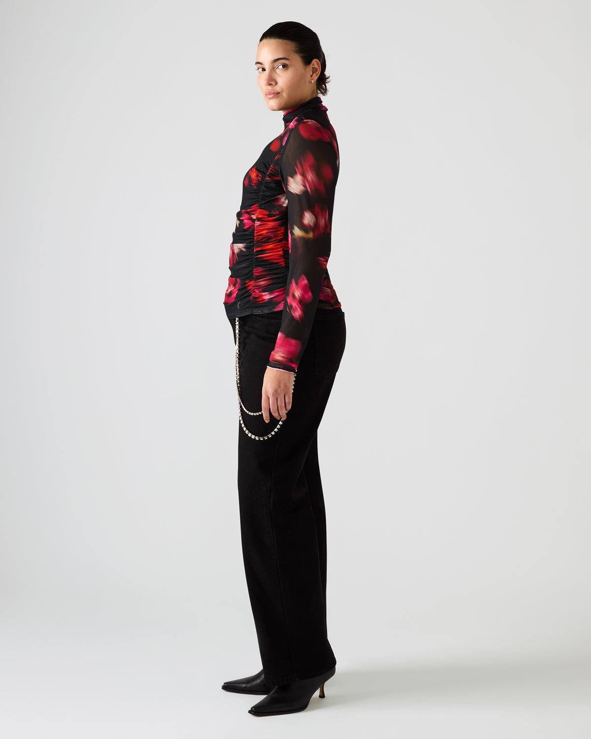 TAYLORE Blurry Floral Long-Sleeved Sheer Mesh Fabric Women's Top Steve Madden BLURRY FLORAL