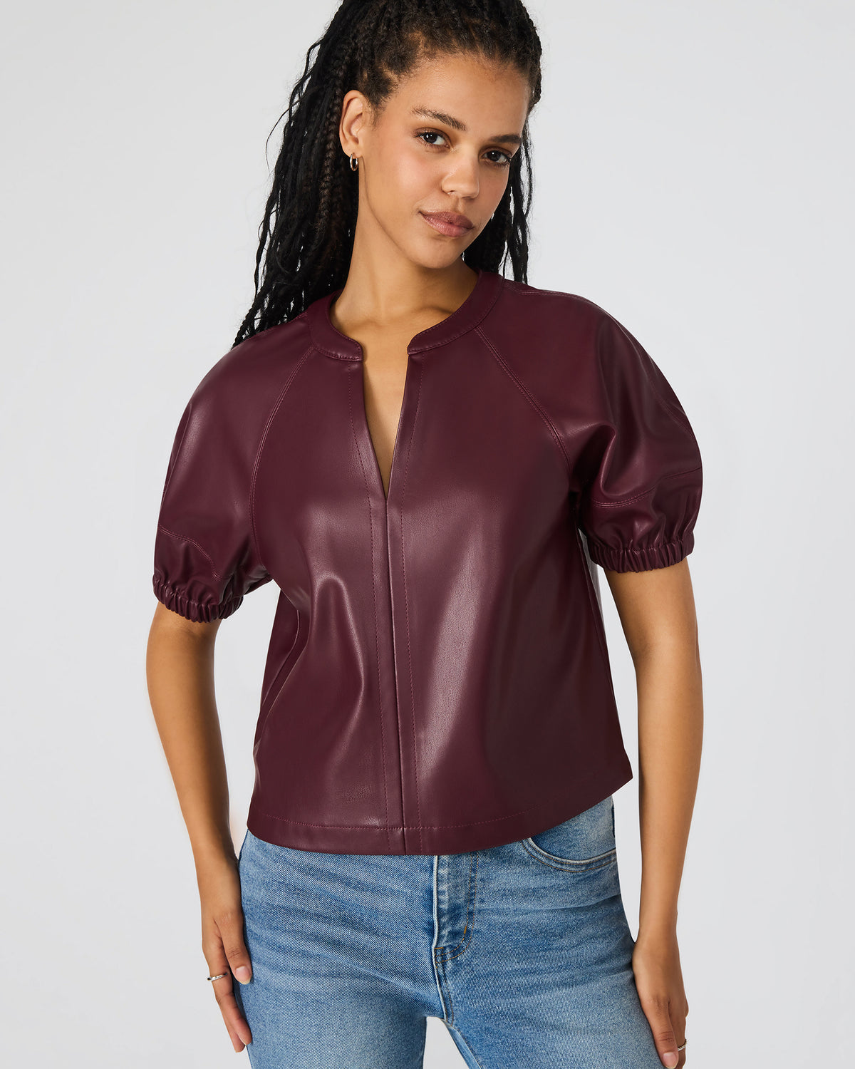 ROXANNE Wine Short-Sleeved Faux Leather Puff Sleeve Women's Top Steve Madden WINE