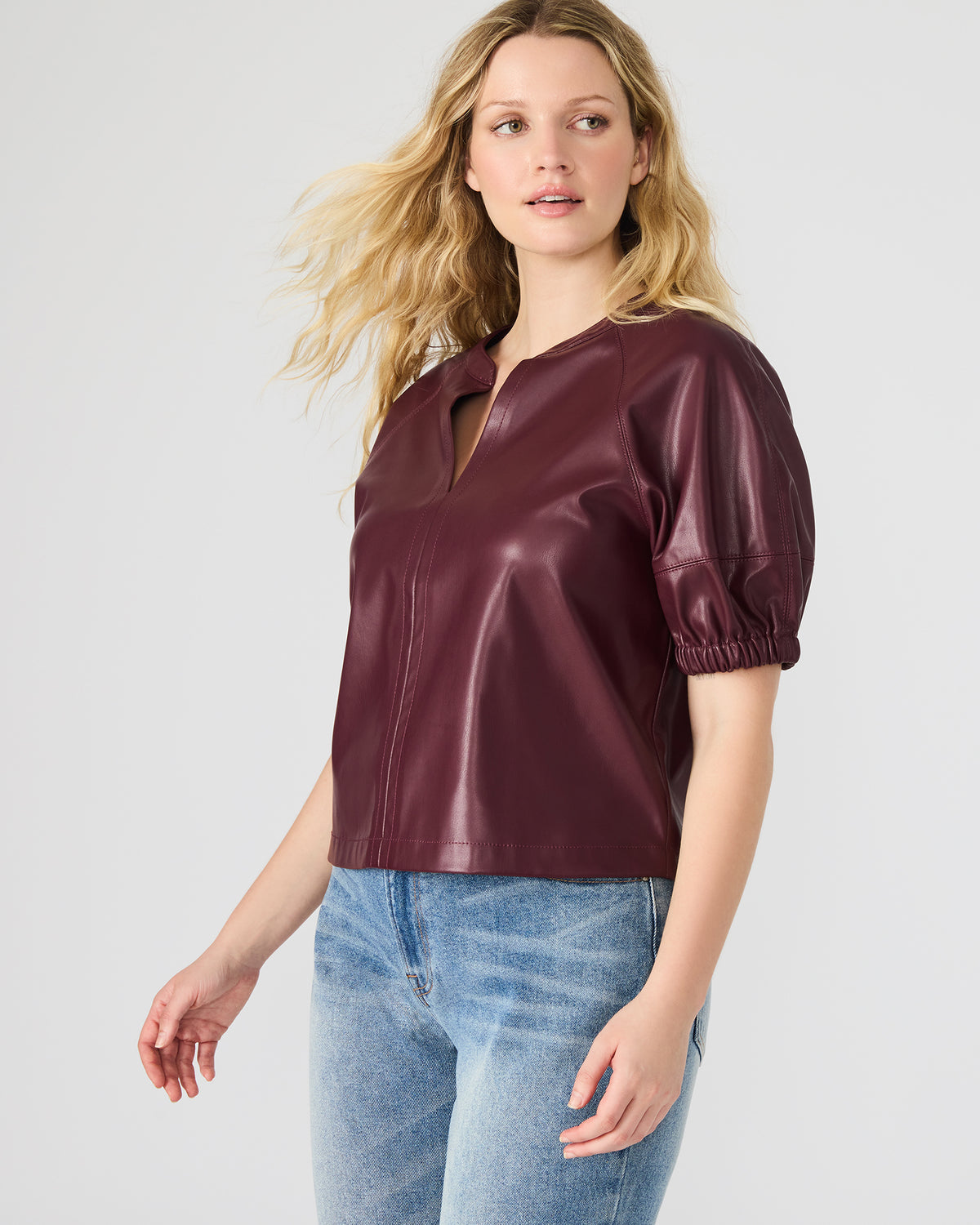 ROXANNE Wine Short-Sleeved Faux Leather Puff Sleeve Women's Top Steve Madden WINE