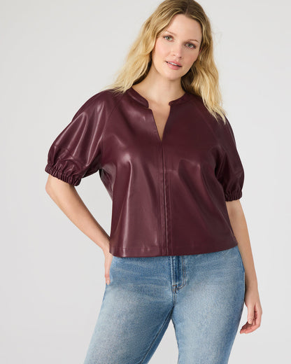 ROXANNE Wine Short-Sleeved Faux Leather Puff Sleeve Women's Top Steve Madden WINE