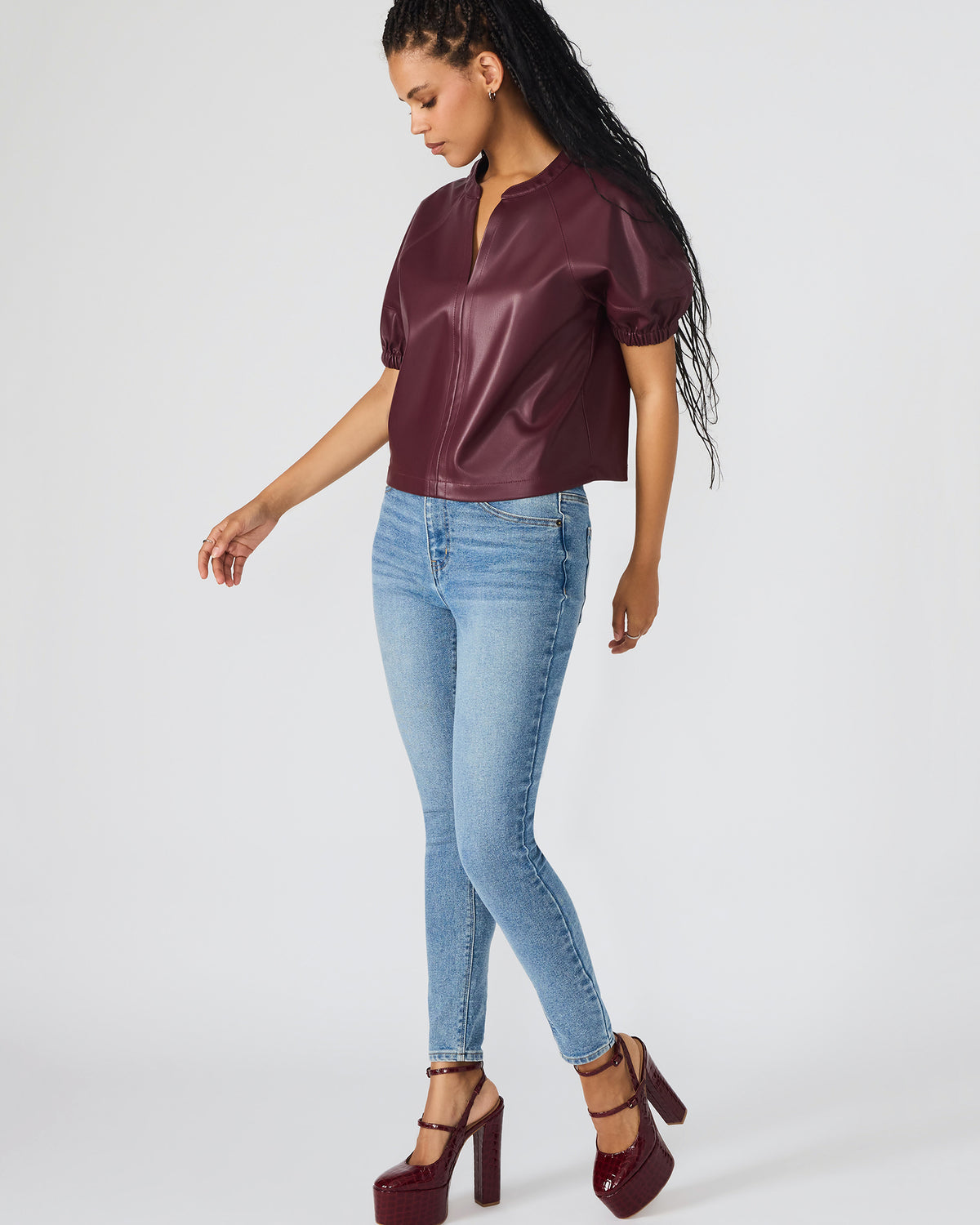 ROXANNE Wine Short-Sleeved Faux Leather Puff Sleeve Women's Top Steve Madden WINE