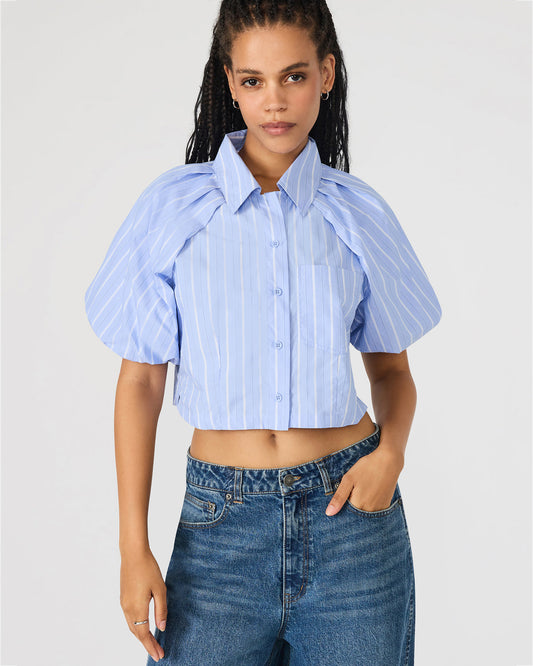 REECE Soft Blue Button-Up Collared Bubble Sleeve Women's Top Steve Madden SOFT BLUE