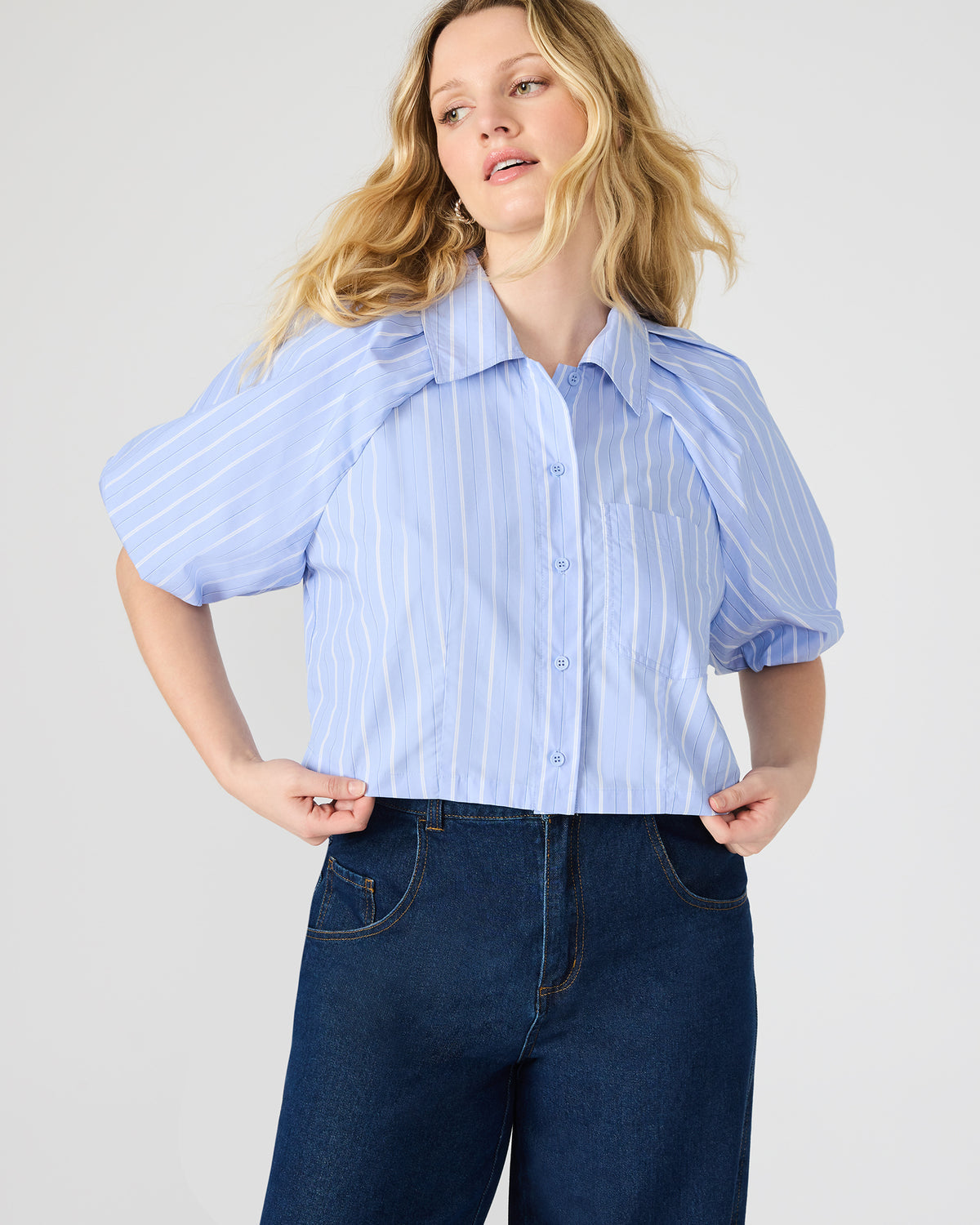 REECE Soft Blue Button-Up Collared Bubble Sleeve Women's Top Steve Madden SOFT BLUE