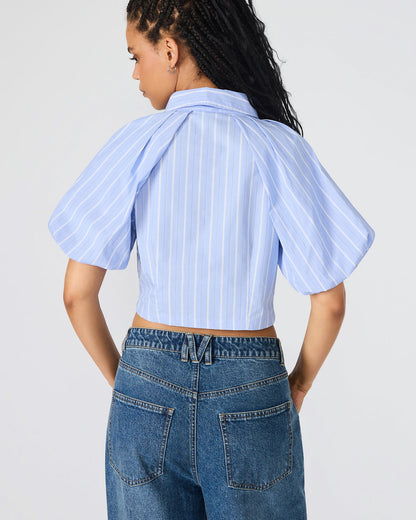 REECE Soft Blue Button-Up Collared Bubble Sleeve Women's Top Steve Madden SOFT BLUE