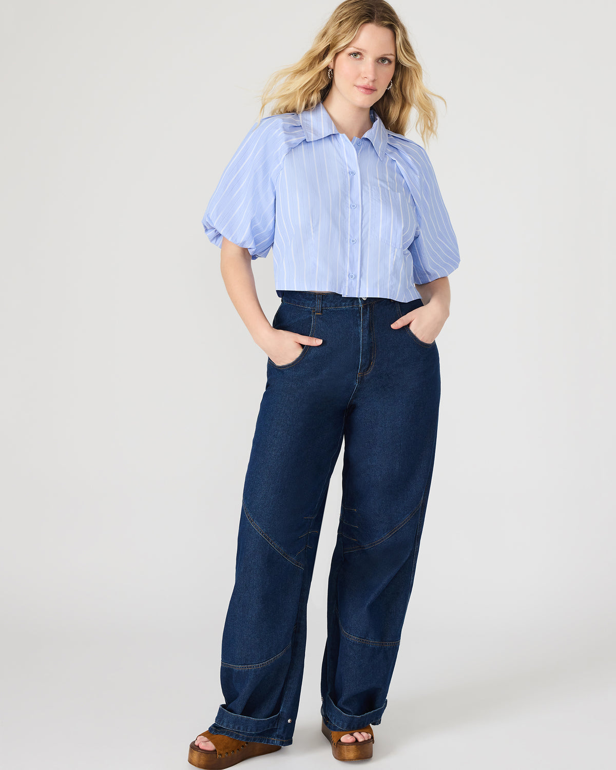 REECE Soft Blue Button-Up Collared Bubble Sleeve Women's Top Steve Madden SOFT BLUE