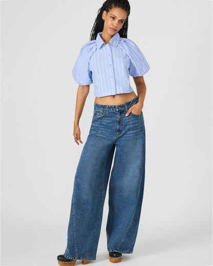 REECE Soft Blue Button-Up Collared Bubble Sleeve Women's Top Steve Madden SOFT BLUE