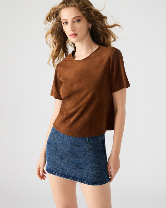 EZRA Chicory Coffee Short-Sleeved Faux-Suede Women's Top Steve Madden CHICORY COFFEE
