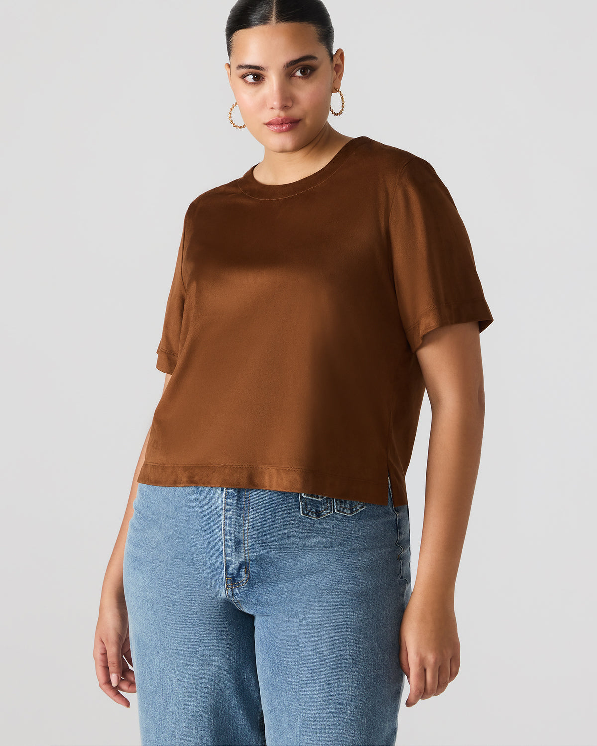 EZRA Chicory Coffee Short-Sleeved Faux-Suede Women's Top Steve Madden CHICORY COFFEE