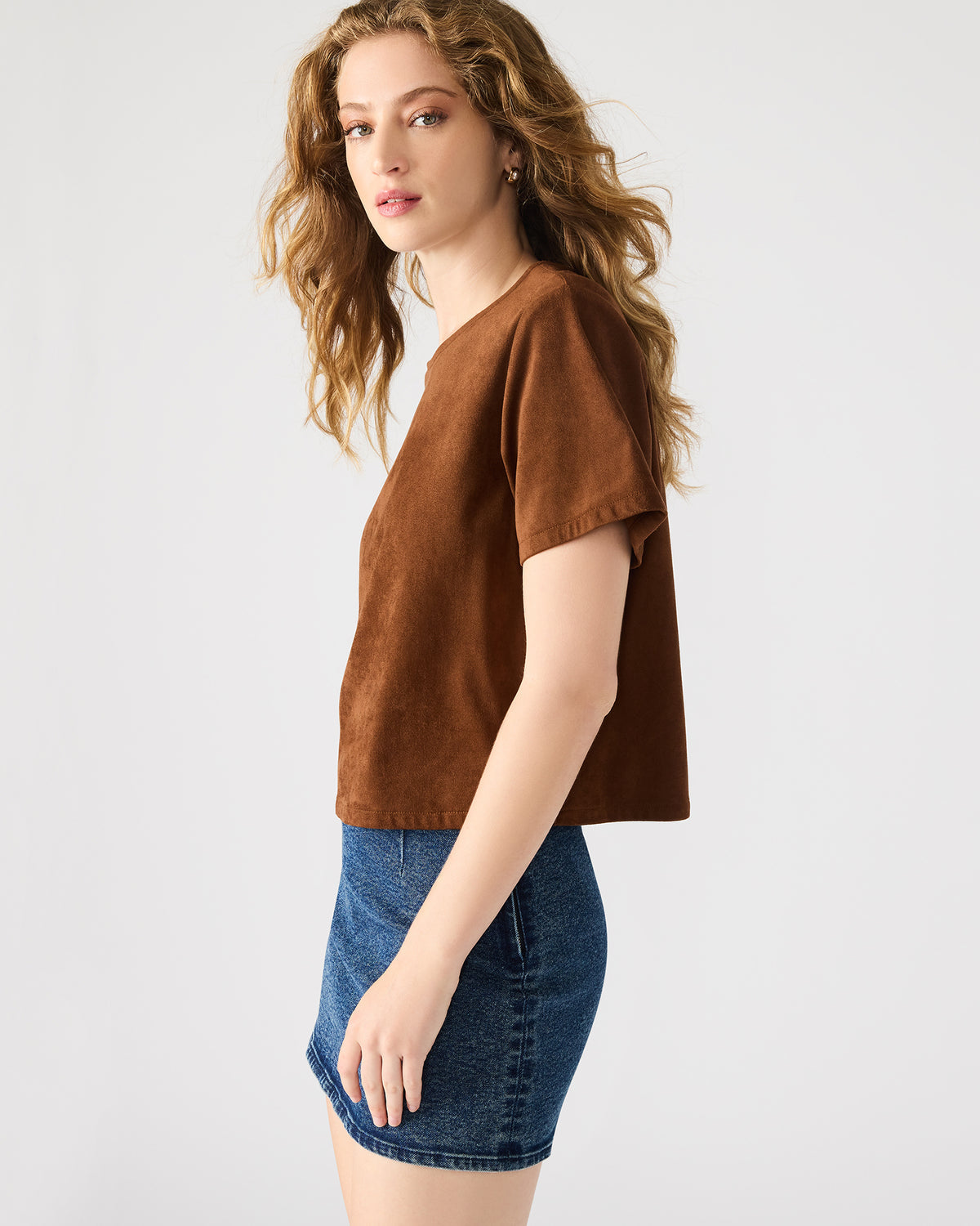 EZRA Chicory Coffee Short-Sleeved Faux-Suede Women's Top Steve Madden CHICORY COFFEE
