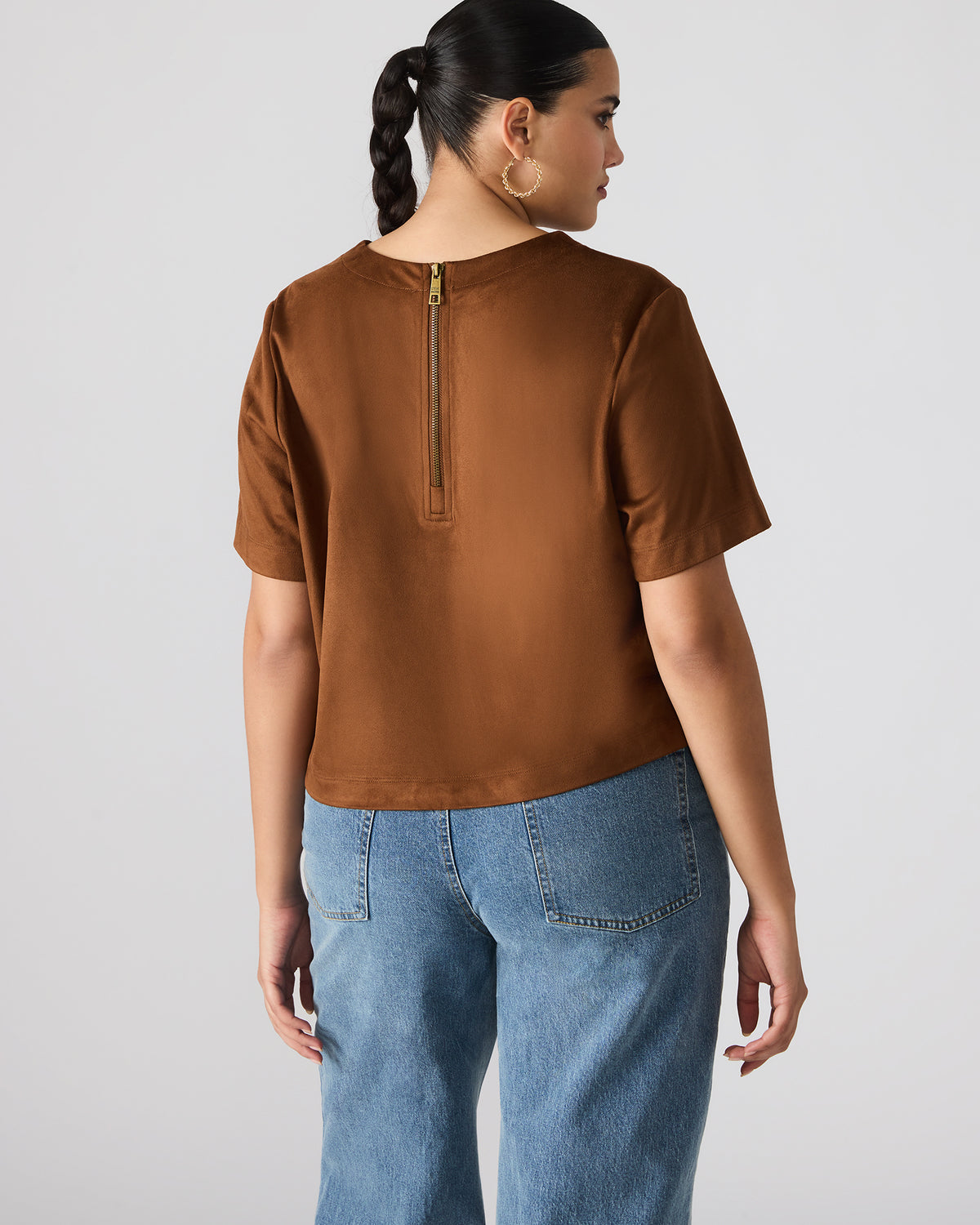 EZRA Chicory Coffee Short-Sleeved Faux-Suede Women's Top Steve Madden CHICORY COFFEE