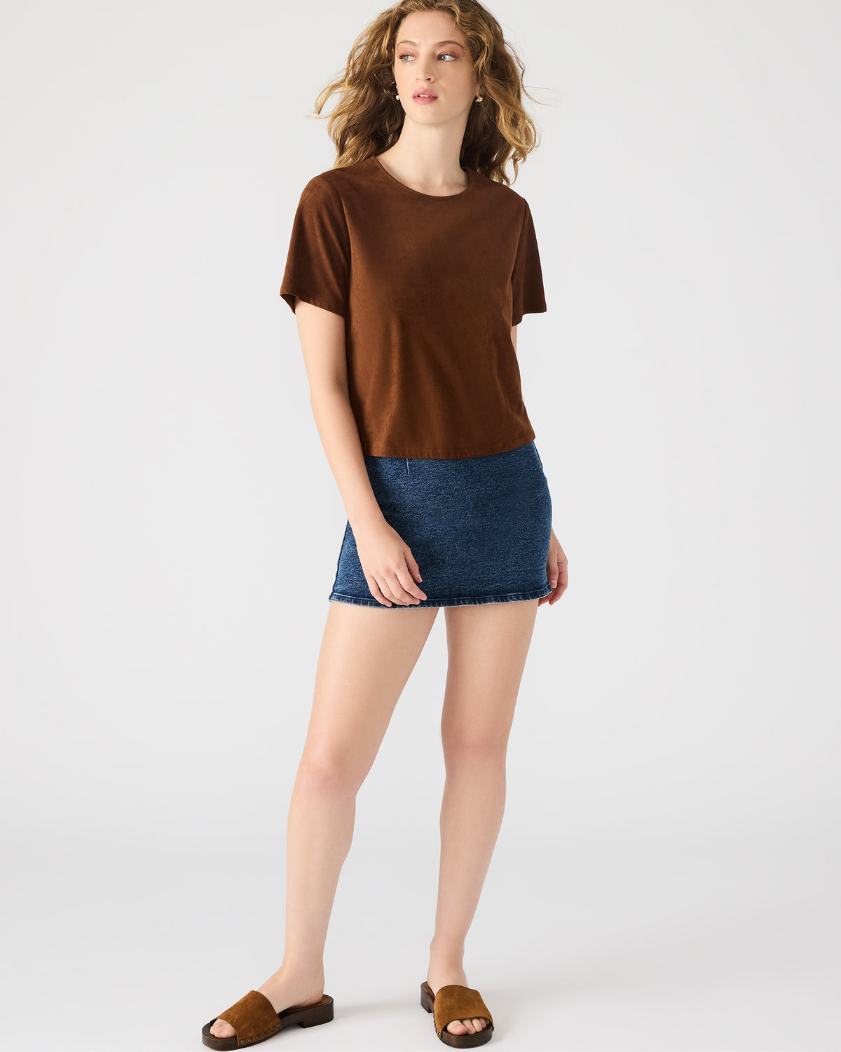 EZRA Chicory Coffee Short-Sleeved Faux-Suede Women's Top Steve Madden CHICORY COFFEE