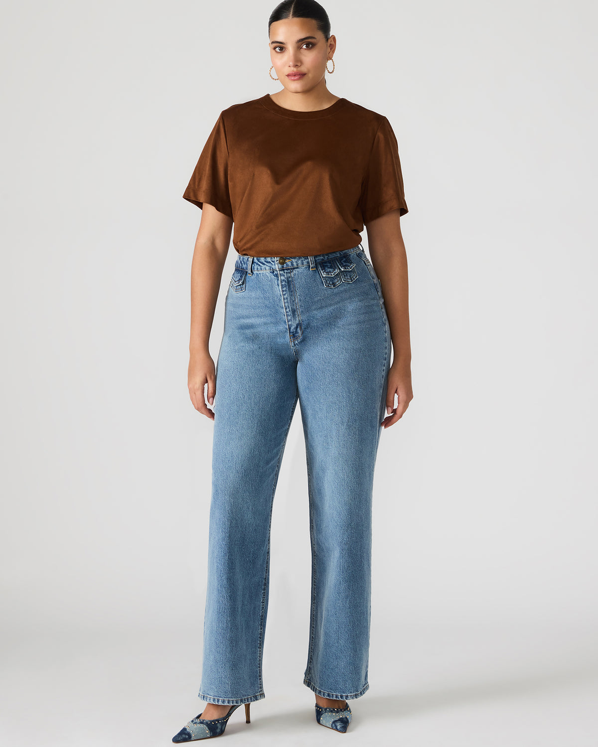 EZRA Chicory Coffee Short-Sleeved Faux-Suede Women's Top Steve Madden CHICORY COFFEE