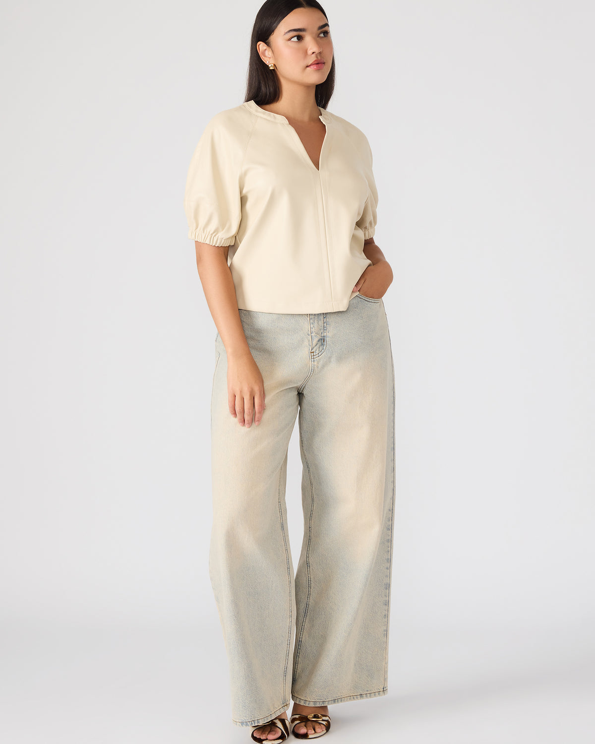 ROXANNE Bone Short-Sleeved Faux Leather Puff Sleeve Women's Top Steve Madden BONE