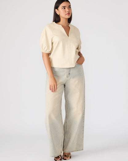 ROXANNE Bone Short-Sleeved Faux Leather Puff Sleeve Women's Top Steve Madden BONE