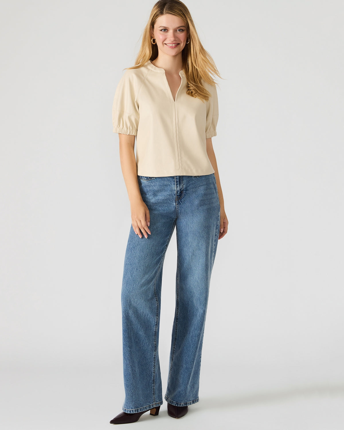 ROXANNE Bone Short-Sleeved Faux Leather Puff Sleeve Women's Top Steve Madden BONE