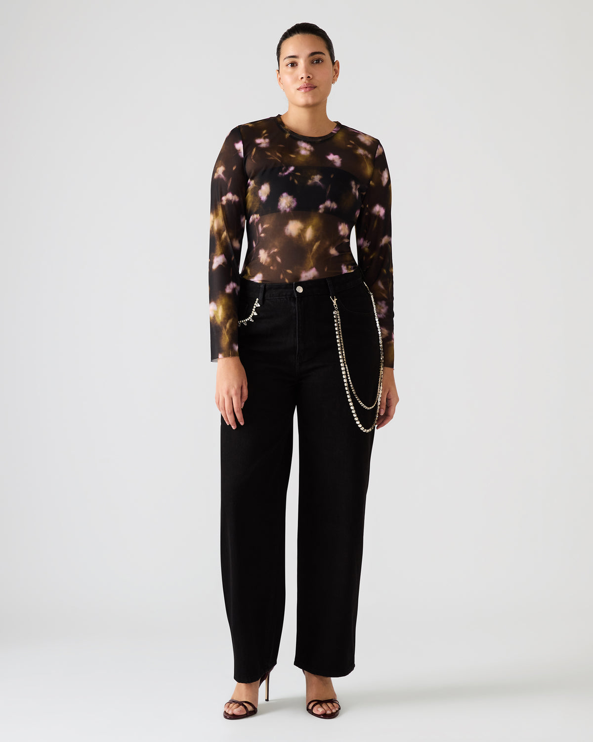 LILIANNA Black Multi Mesh Sheer Long-Sleeved Floral Print Women's Top Steve Madden BLACK MULTI
