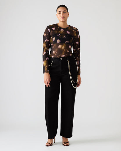 LILIANNA Black Multi Mesh Sheer Long-Sleeved Floral Print Women's Top Steve Madden BLACK MULTI