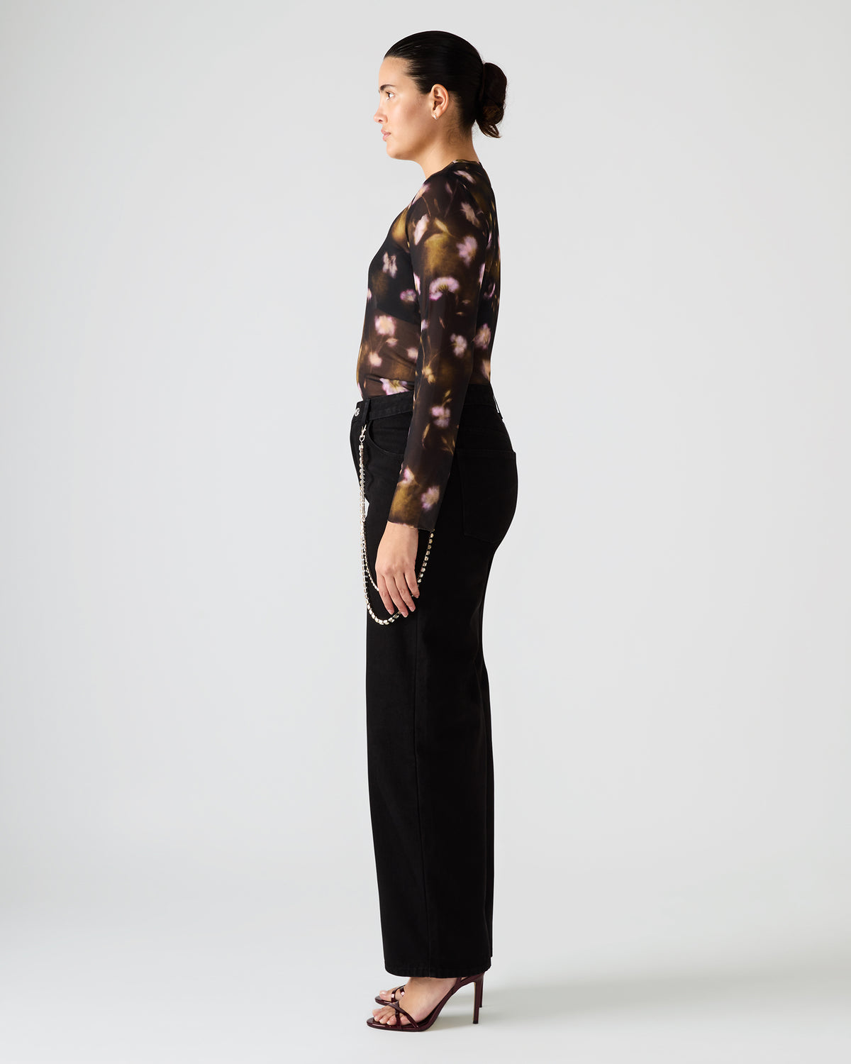 LILIANNA Black Multi Mesh Sheer Long-Sleeved Floral Print Women's Top Steve Madden BLACK MULTI