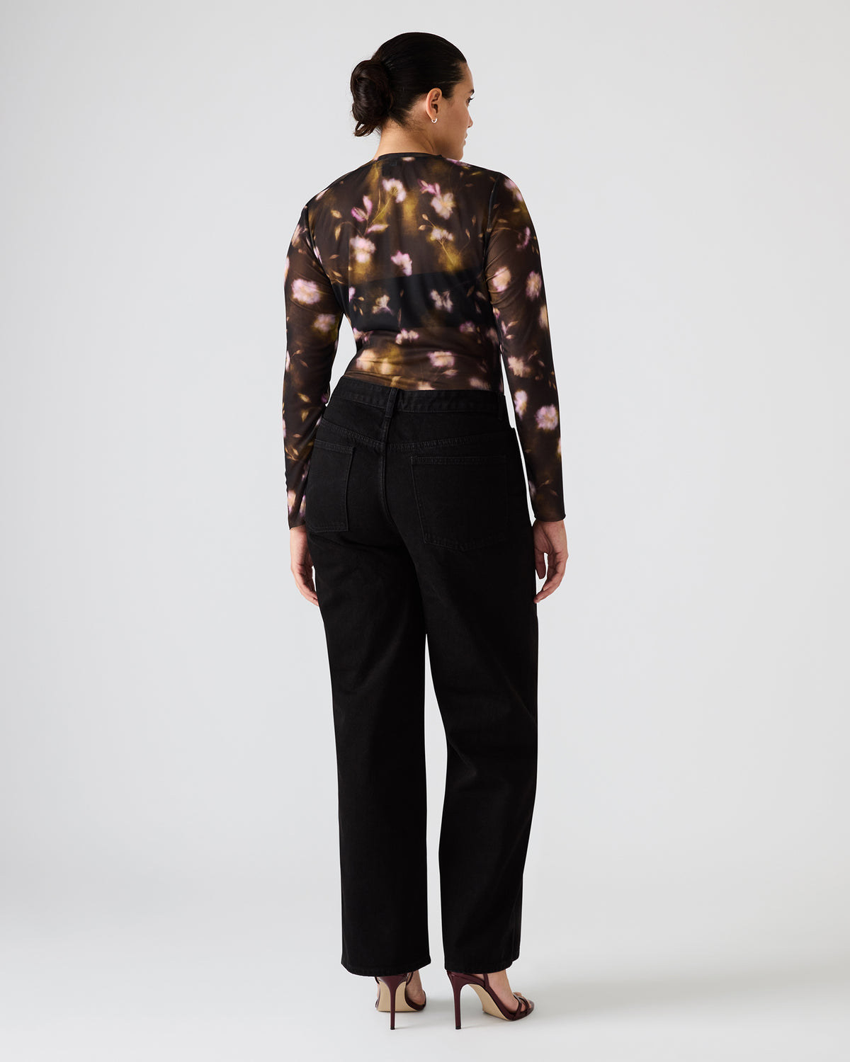 LILIANNA Black Multi Mesh Sheer Long-Sleeved Floral Print Women's Top Steve Madden BLACK MULTI