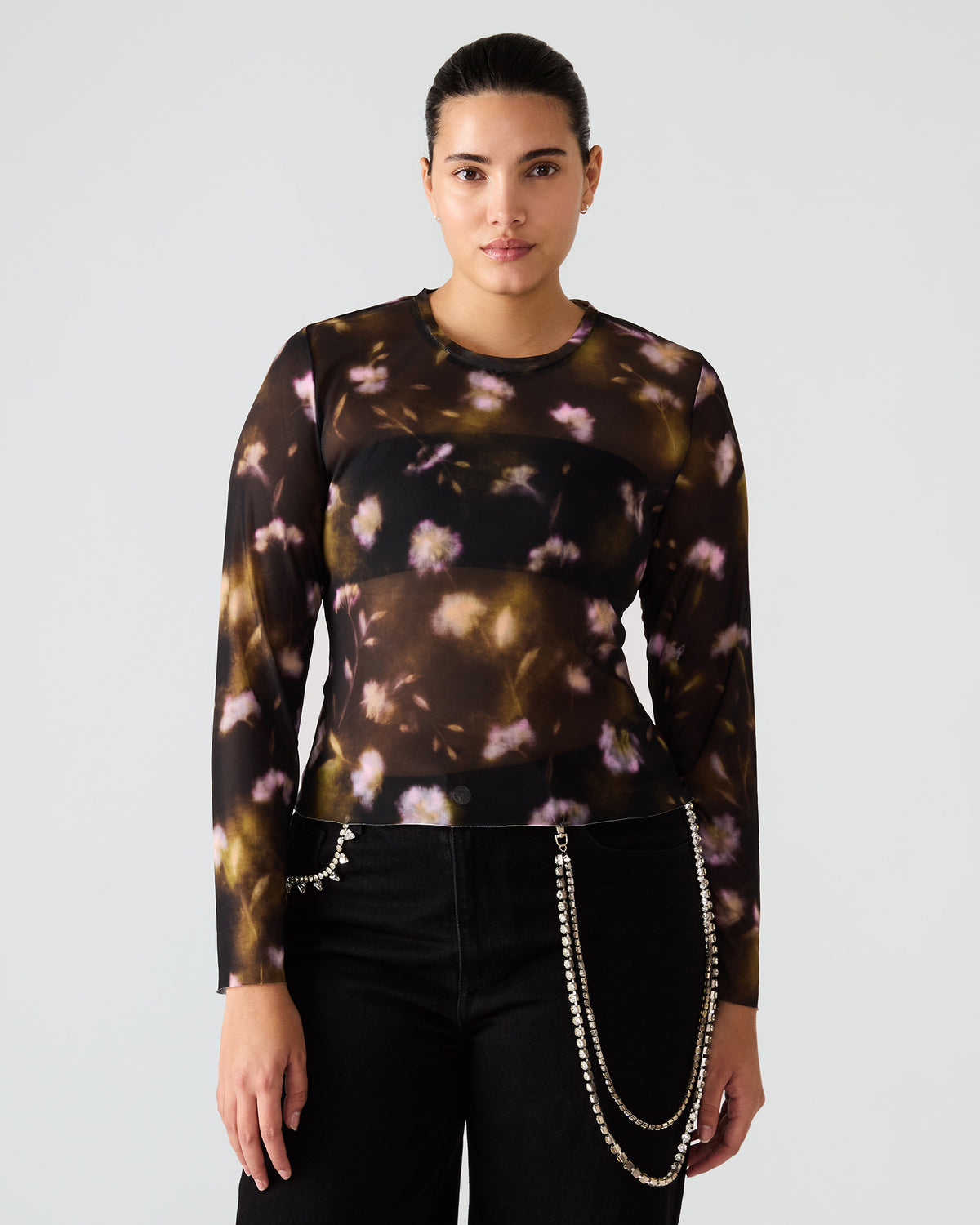 LILIANNA Black Multi Mesh Sheer Long-Sleeved Floral Print Women's Top Steve Madden BLACK MULTI