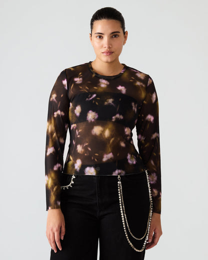 LILIANNA Black Multi Mesh Sheer Long-Sleeved Floral Print Women's Top Steve Madden BLACK MULTI