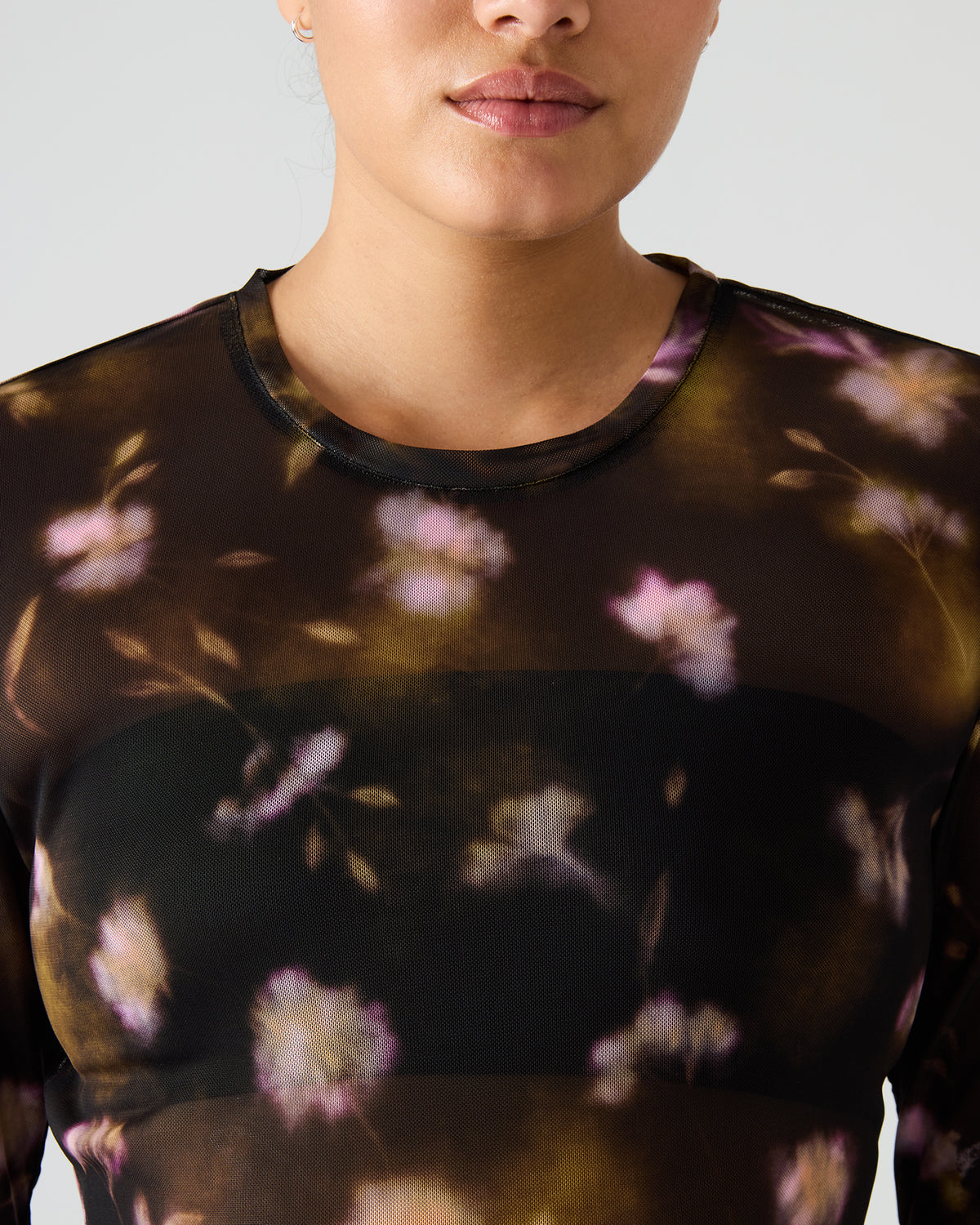 LILIANNA Black Multi Mesh Sheer Long-Sleeved Floral Print Women's Top Steve Madden BLACK MULTI