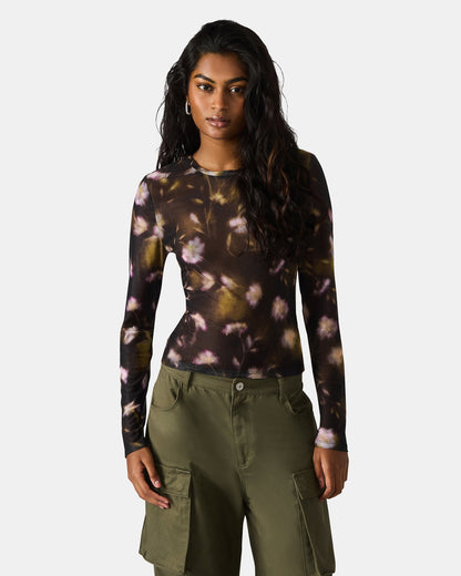 LILIANNA Black Multi Mesh Sheer Long-Sleeved Floral Print Women's Top Steve Madden BLACK MULTI