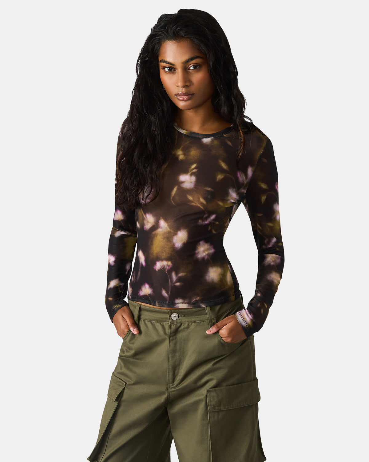 LILIANNA Black Multi Mesh Sheer Long-Sleeved Floral Print Women's Top Steve Madden BLACK MULTI