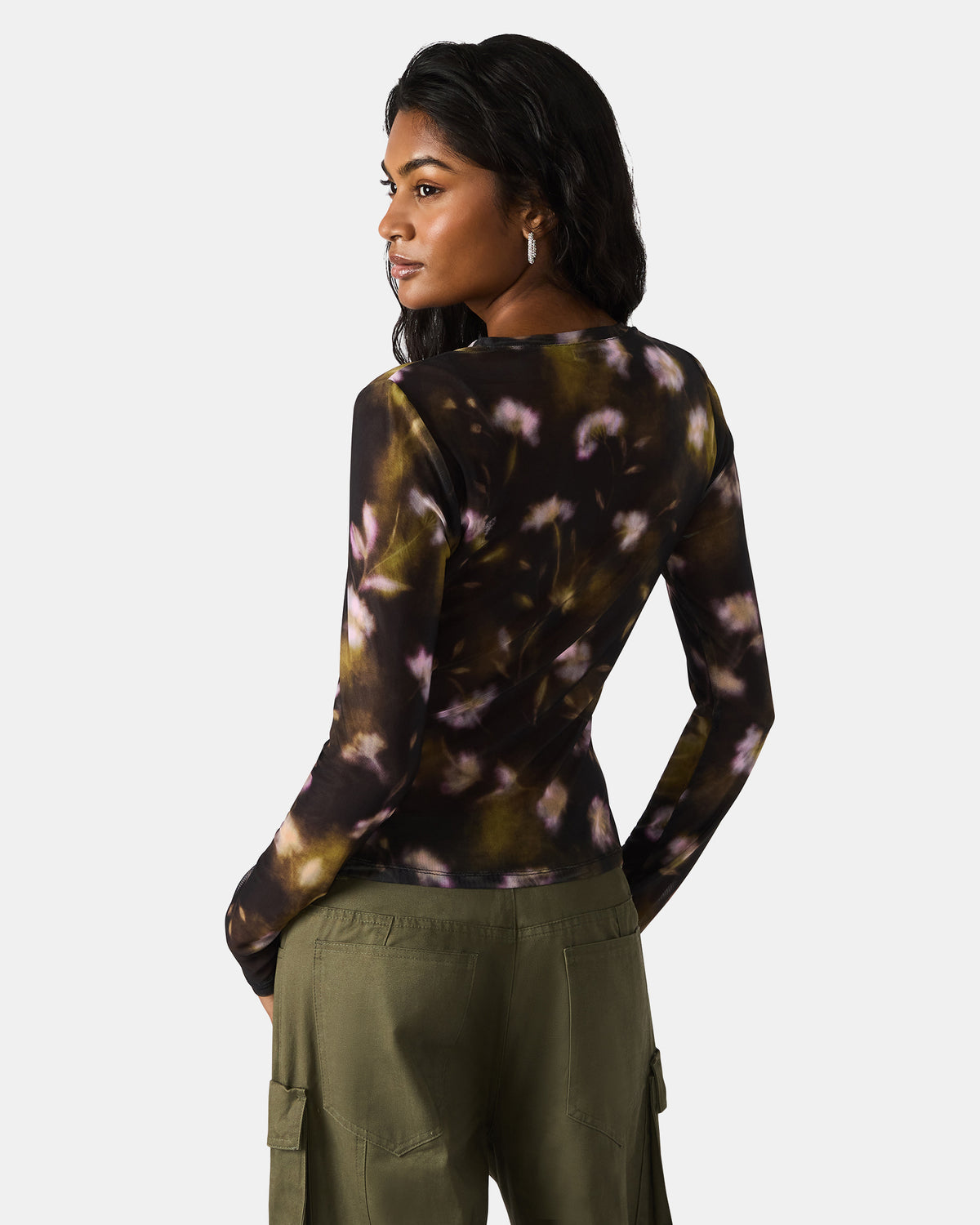 LILIANNA Black Multi Mesh Sheer Long-Sleeved Floral Print Women's Top Steve Madden BLACK MULTI