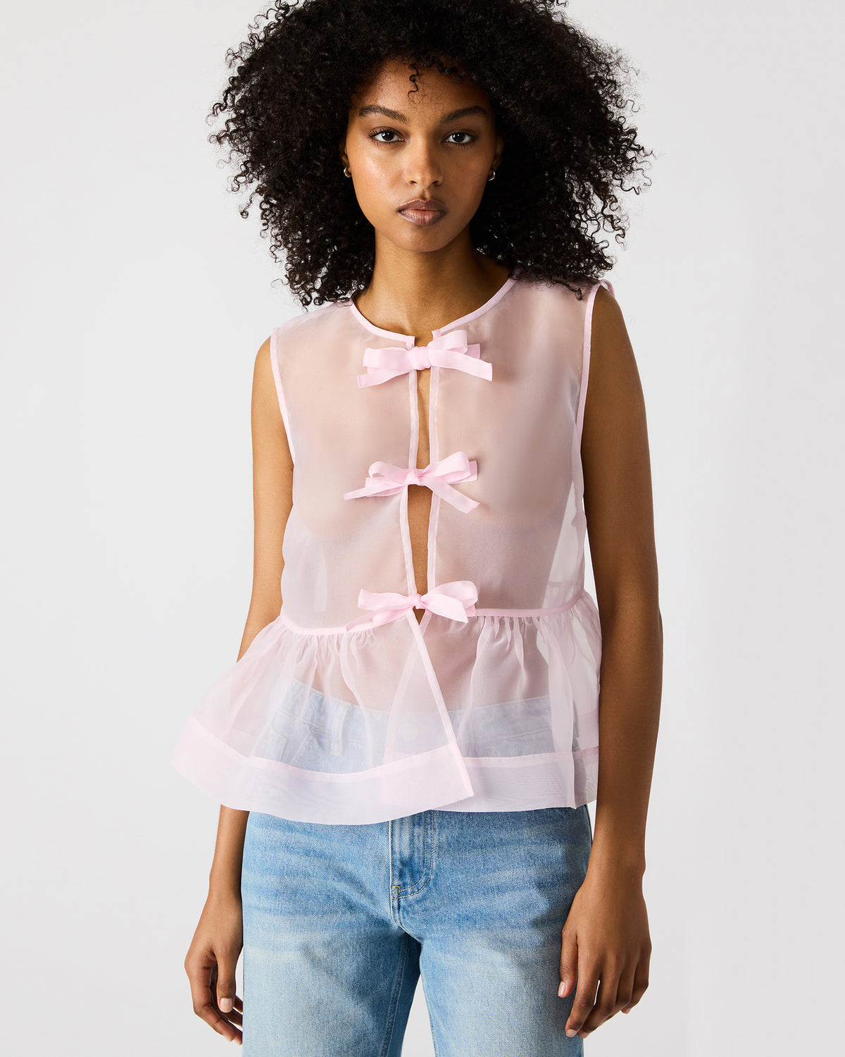 PAULINA Light Pink Sheer Mesh Bow Detail Tie-Front Women's Top Steve Madden LIGHT PINK