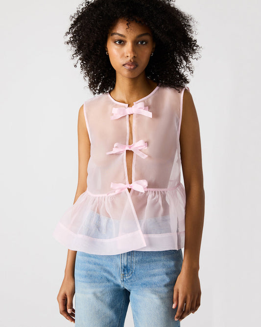 PAULINA Light Pink Sheer Mesh Bow Detail Tie-Front Women's Top Steve Madden LIGHT PINK