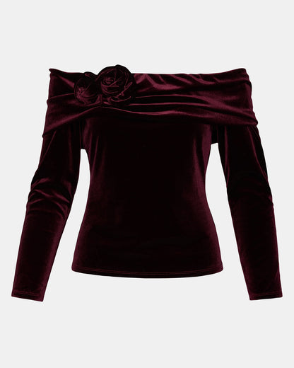 LICI Wine Long-Sleeved Velvet Rose Off-The-Shoulder Women's Top Steve Madden WINE