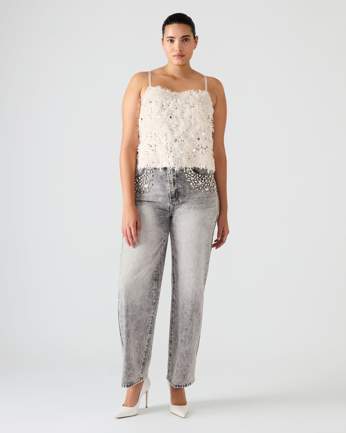 BLAKELYN Ivory Feather Sequin Embellished Women's Top Steve Madden IVORY