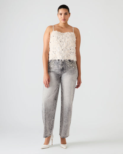 BLAKELYN Ivory Feather Sequin Embellished Women's Top Steve Madden IVORY