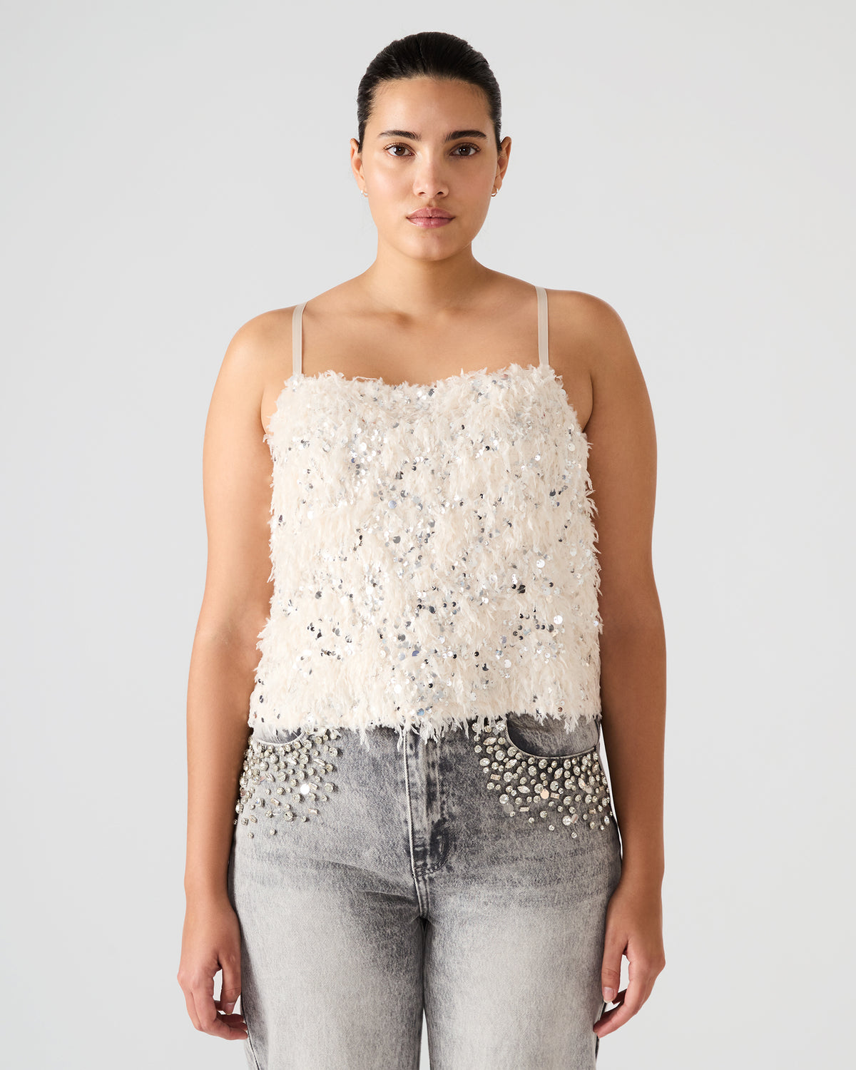 BLAKELYN Ivory Feather Sequin Embellished Women's Top Steve Madden IVORY