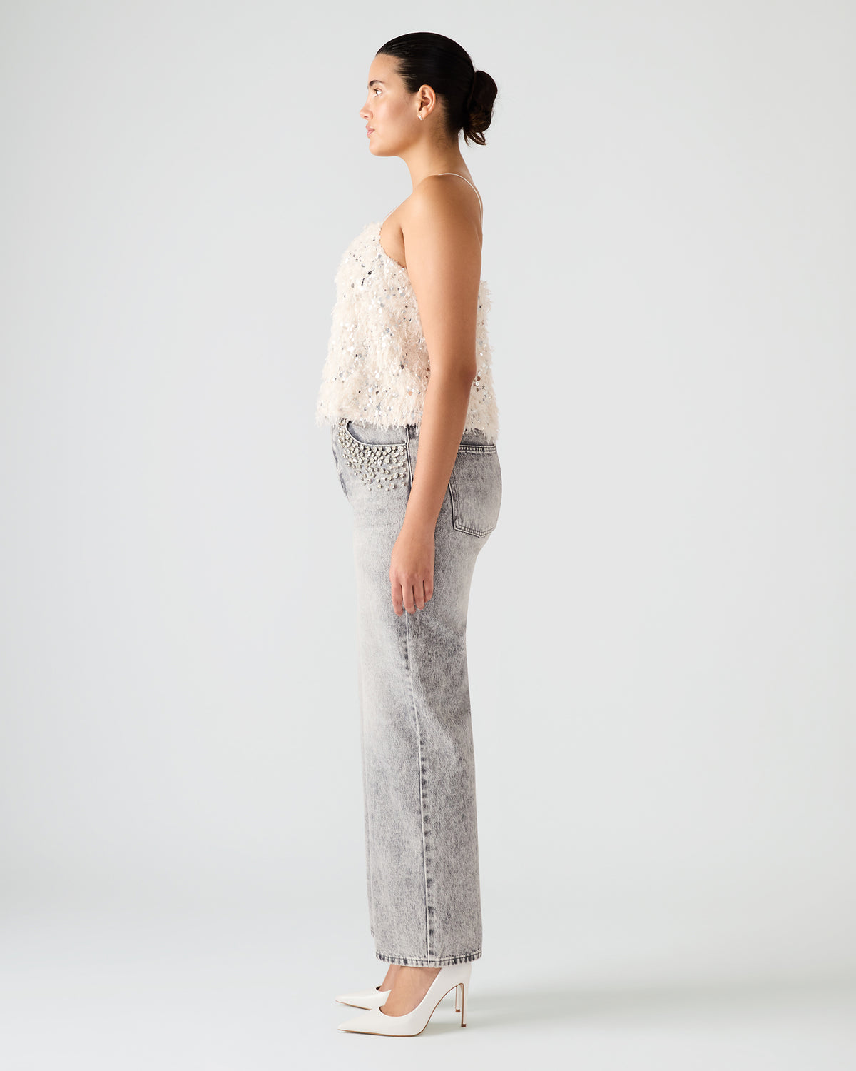 BLAKELYN Ivory Feather Sequin Embellished Women's Top Steve Madden IVORY