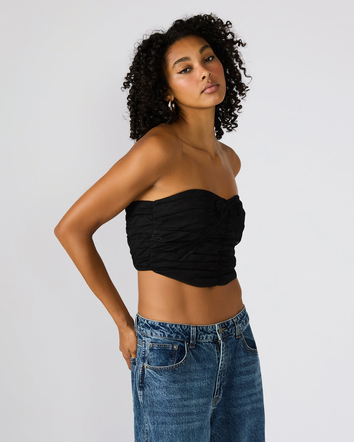 MARTINE Black Strapless Ruched Cropped Corset Women's Top Steve Madden BLACK