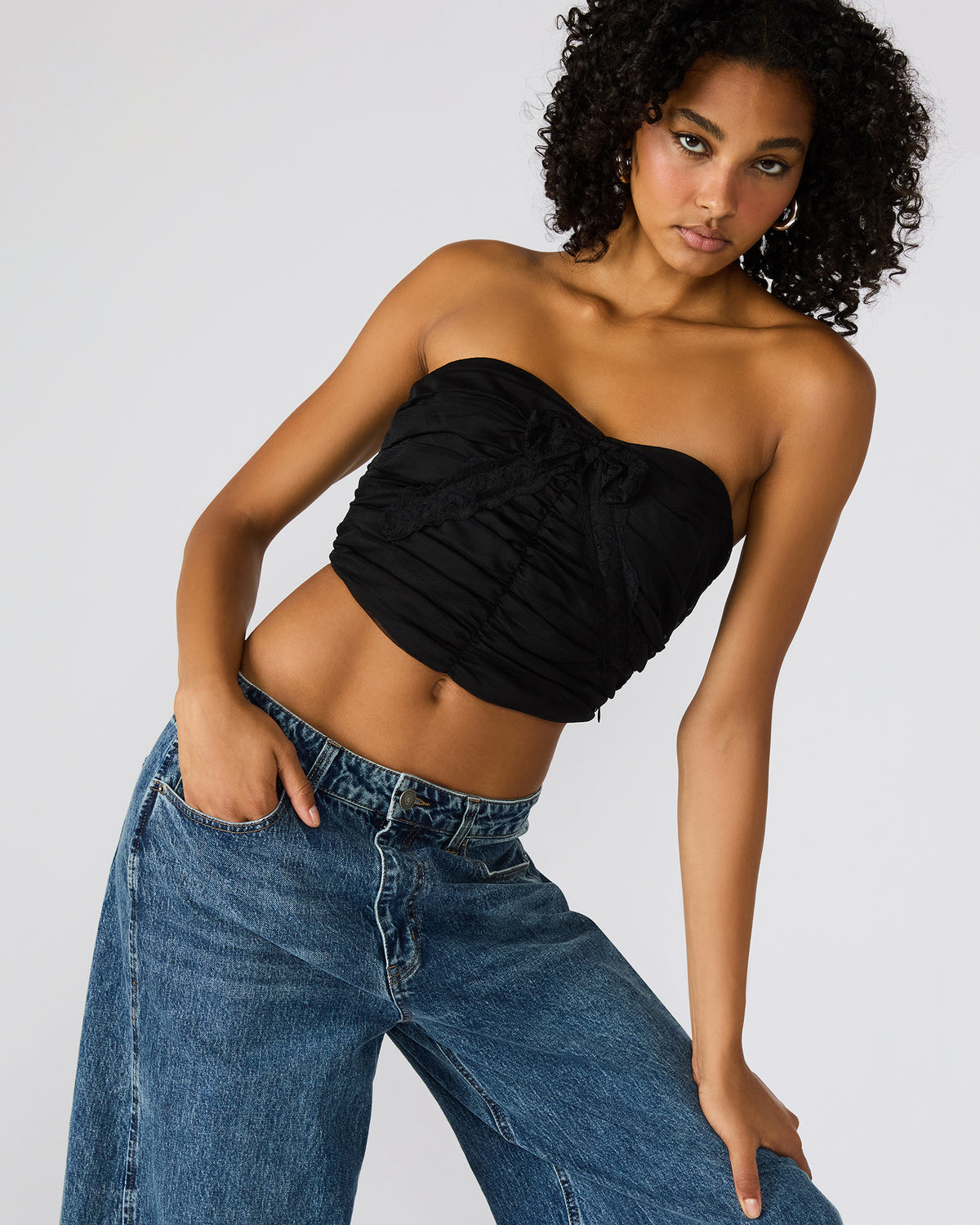 MARTINE Black Strapless Ruched Cropped Corset Women's Top Steve Madden BLACK