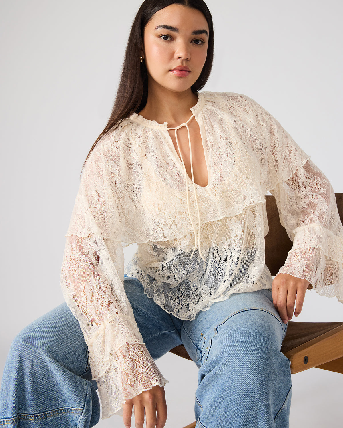 SAYLOR Cream Long-Sleeved Ruffle Mesh Lace Women's Top Steve Madden CREAM