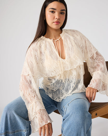 SAYLOR Cream Long-Sleeved Ruffle Mesh Lace Women's Top Steve Madden CREAM